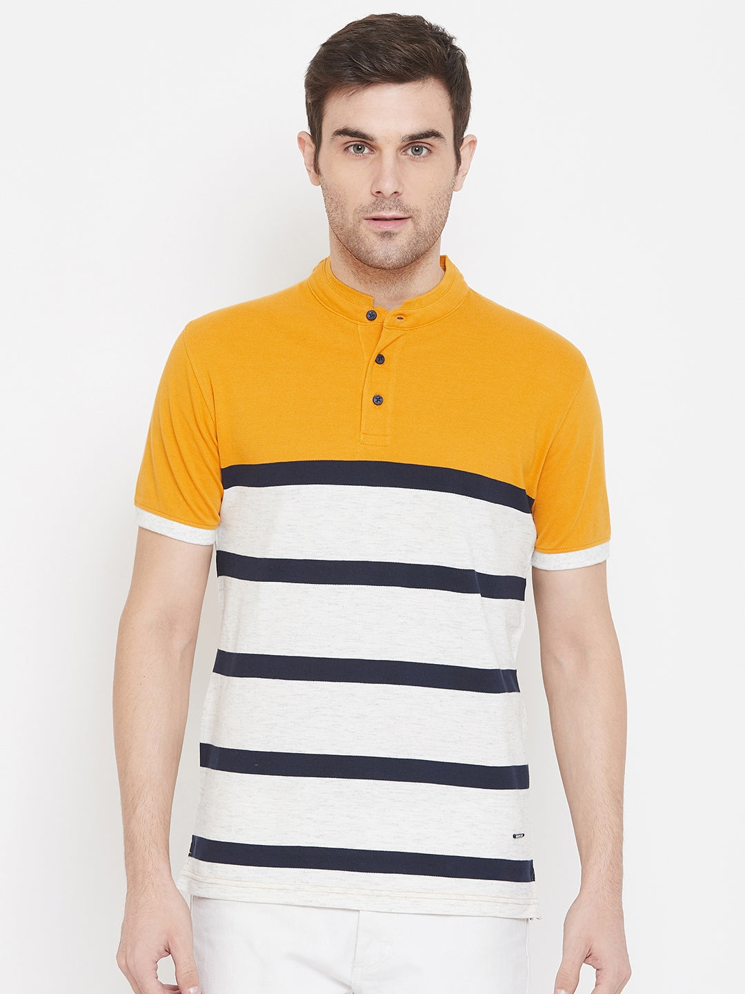 Yellow Striped Mandarin Neck T-Shirt - Men T-Shirts