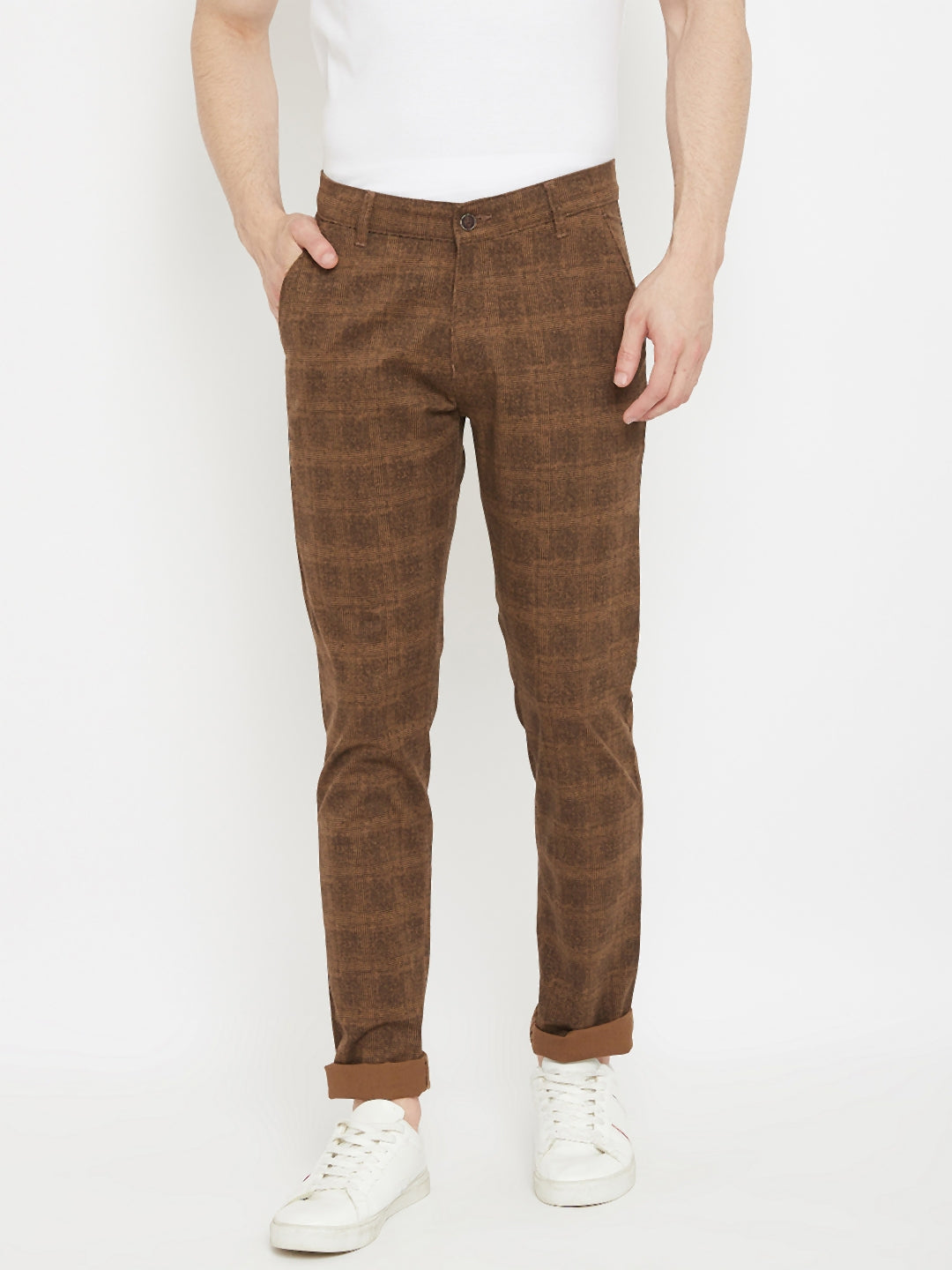 Brown Checked Slim Fit Trousers - Men Trousers