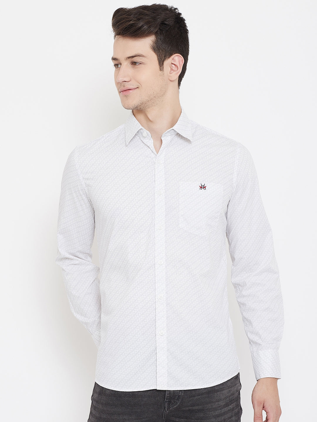 White Printed Spread Collar Slim Fit Shirt - Men Shirts