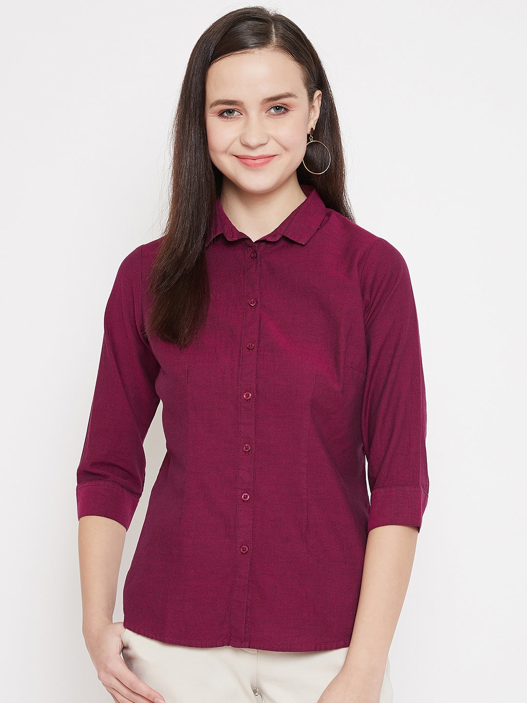 Maroon Slim Fit Button up Shirt - Women Shirts