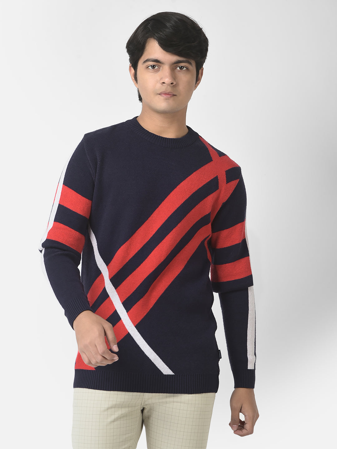  Navy Blue Graphic Striped Sweater