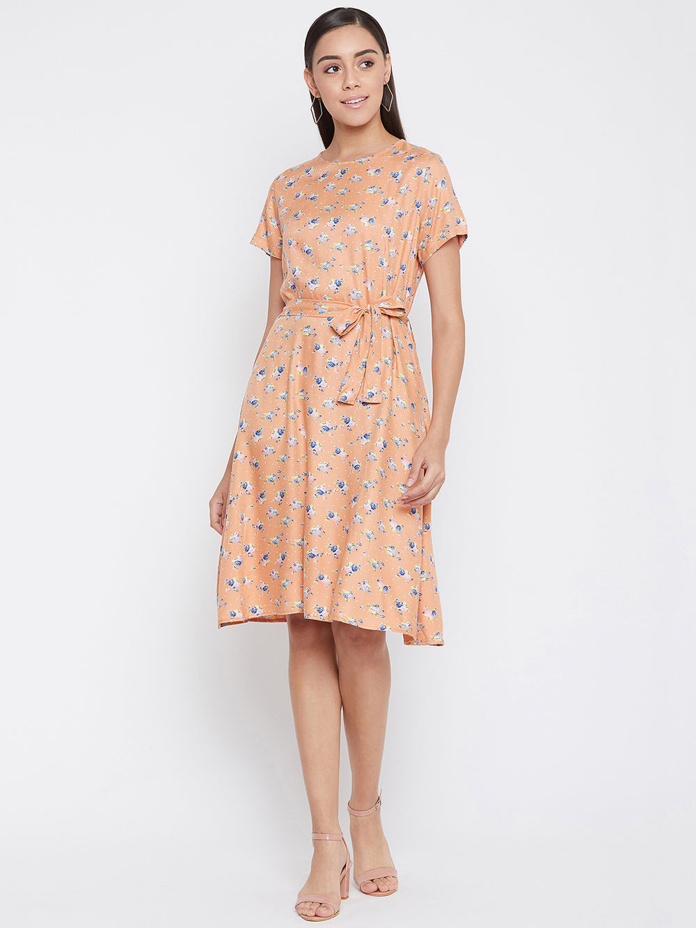 Orange Printed Floral Dress - Women Dresses