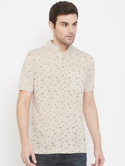 Beige Printed Mandarin Neck T-Shirt - Men T-Shirts