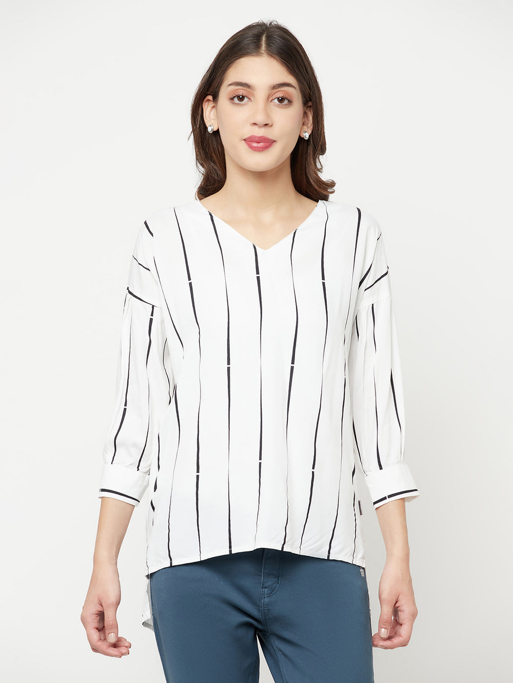 White Striped V-Neck Top - Women Tops