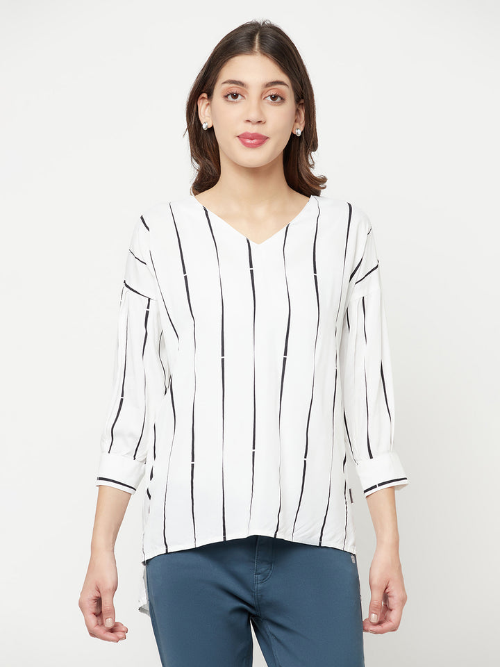 White Striped V-Neck Top - Women Tops
