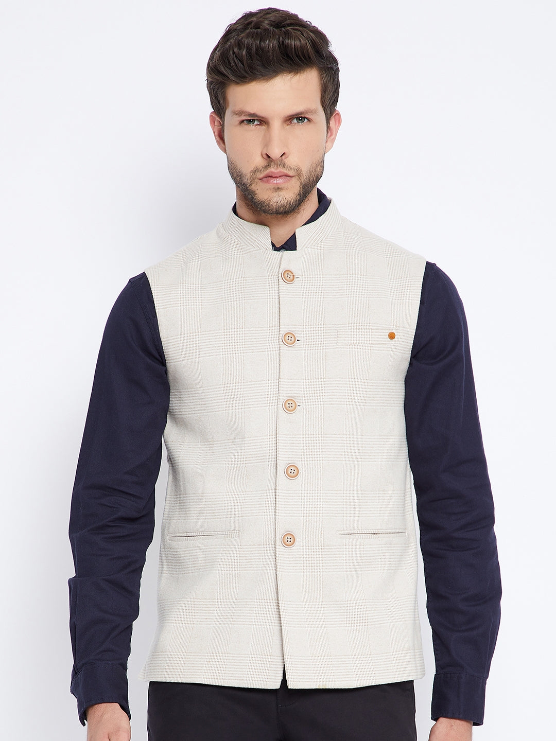 Beige Self Design Waistcoat - Men Waist Coat