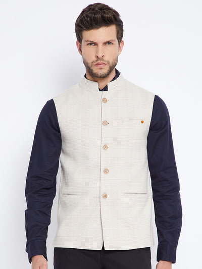 Beige Self Design Waistcoat - Men Waist Coat