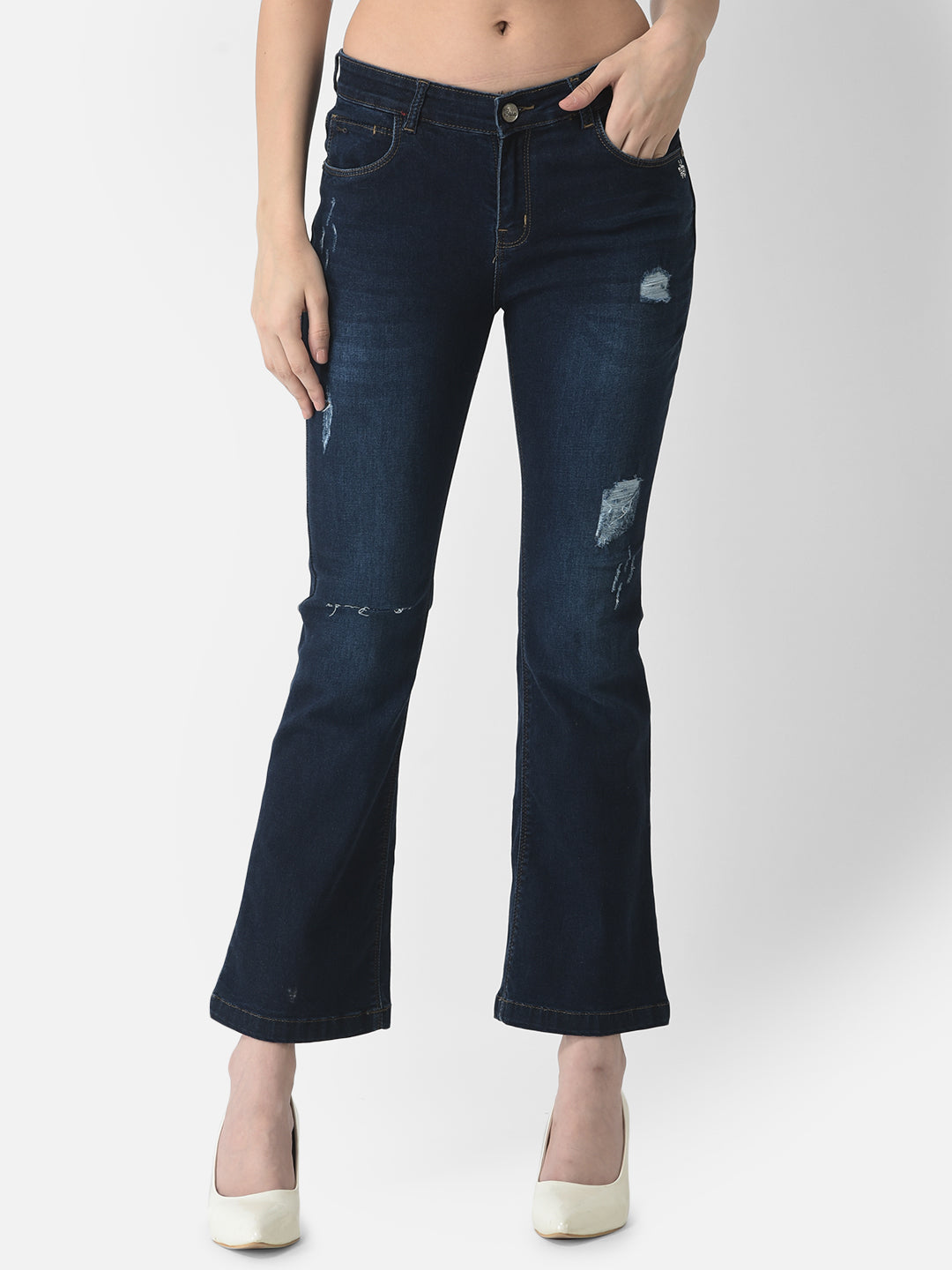  Navy Blue Distresses Boot-Cut Jeans