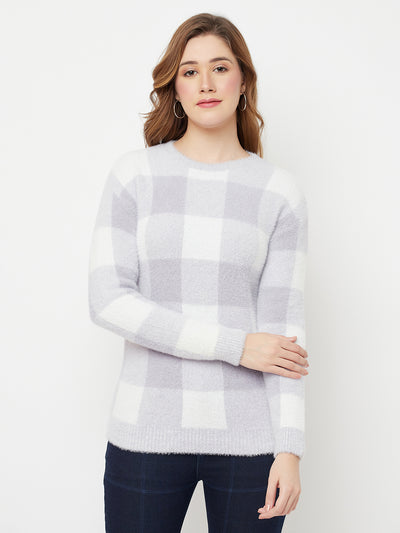 White Checked Round Neck Sweater - Women Sweaters