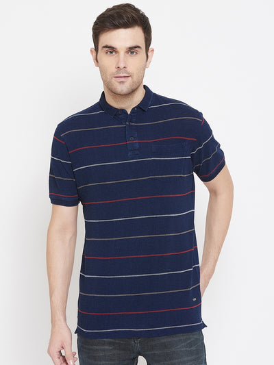 Navy Blue Striped Polo Neck T-Shirt - Men T-Shirts