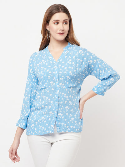 Blue Floral Printed V-Neck Shirt - Women Shirts