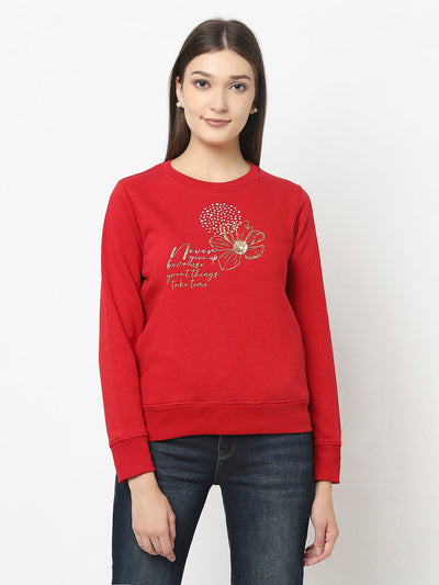 Red Pull-Over Style Sweatshirt with Graphic Print 