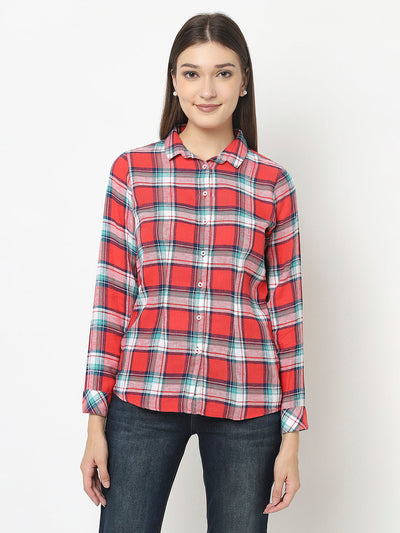 Red Check Shirt with High-Low Hemline