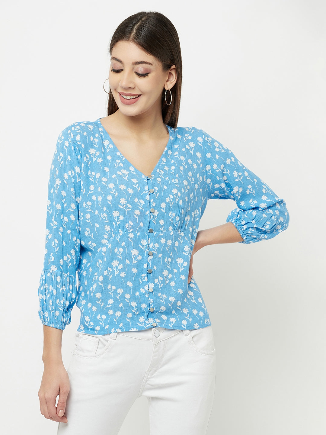 Blue Floral Printed V-Neck Cropped Top - Women Tops
