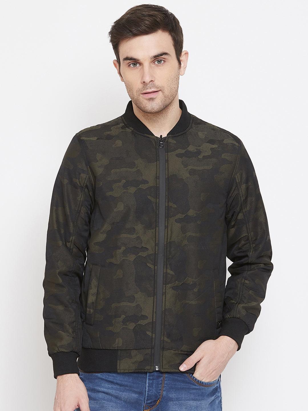Olive Printed Mandarin Collar Jackets-Mens Jacket-Crimsoune Club