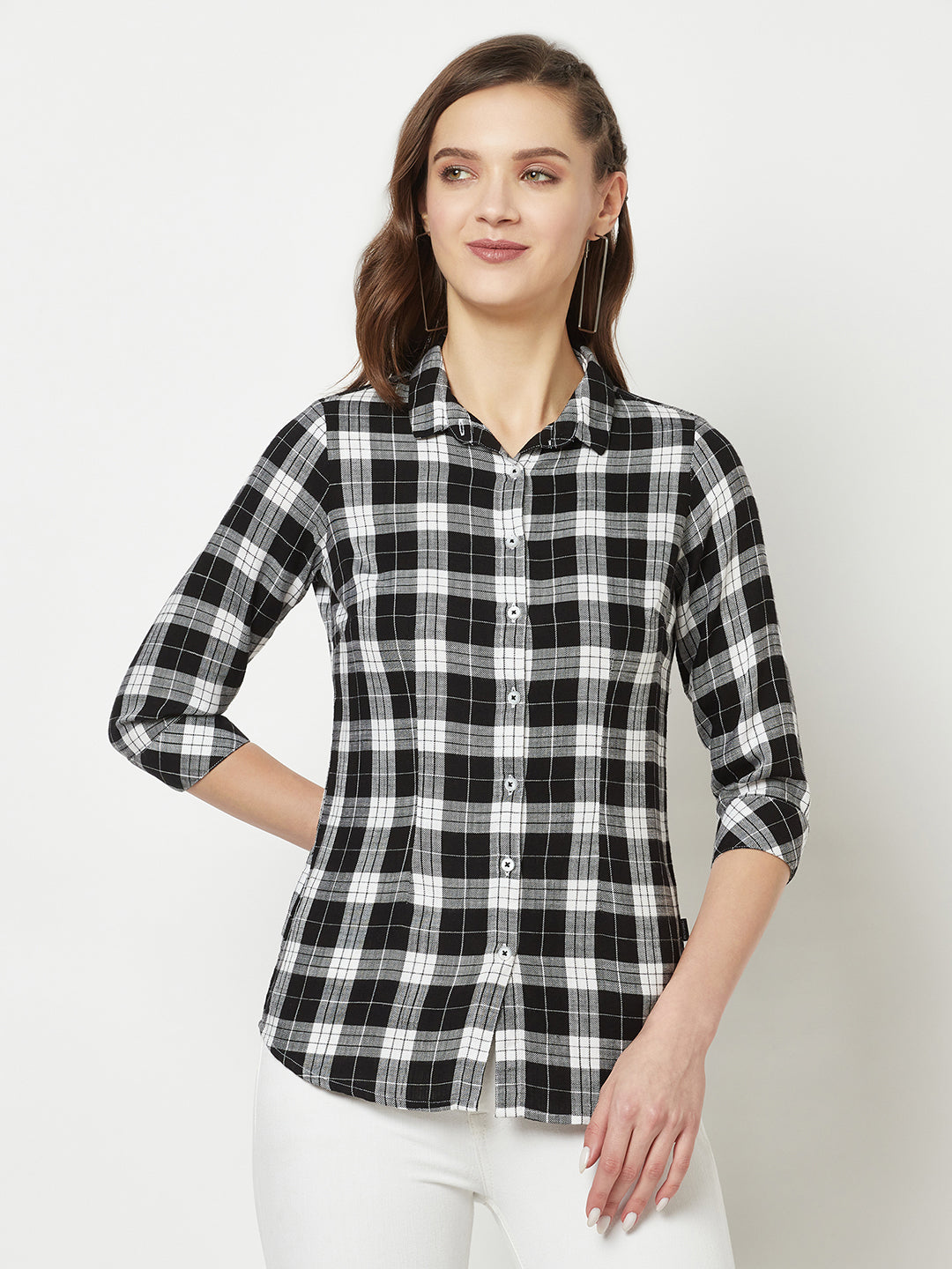 Quarter Sleeve Black Flannel Shirt-Women Shirts-Crimsoune Club