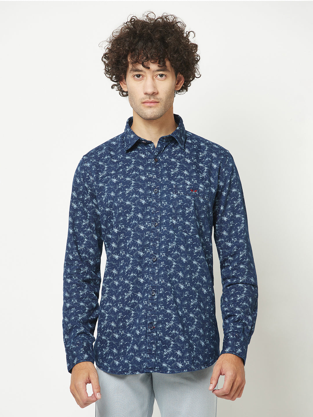 Floral Print Denim Shirt – Crimsoune Club - Main Image