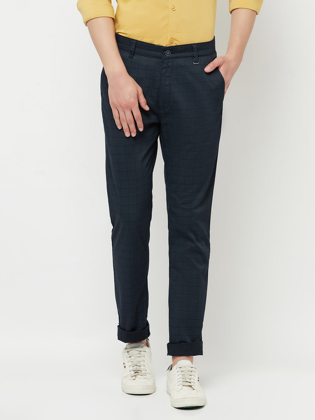 Navy Blue Checked Trouser - Men Trousers