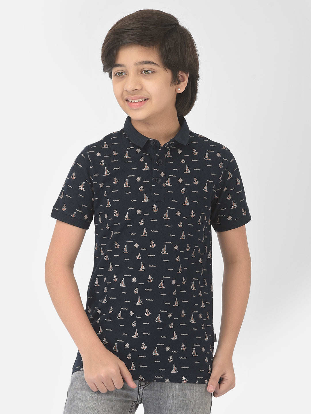 Navy Blue Printed Polo T-shirt - Boys T-Shirts