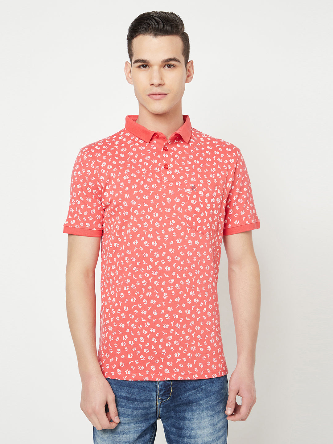 Pink Floral Printed Polo T-Shirt - Men T-Shirts