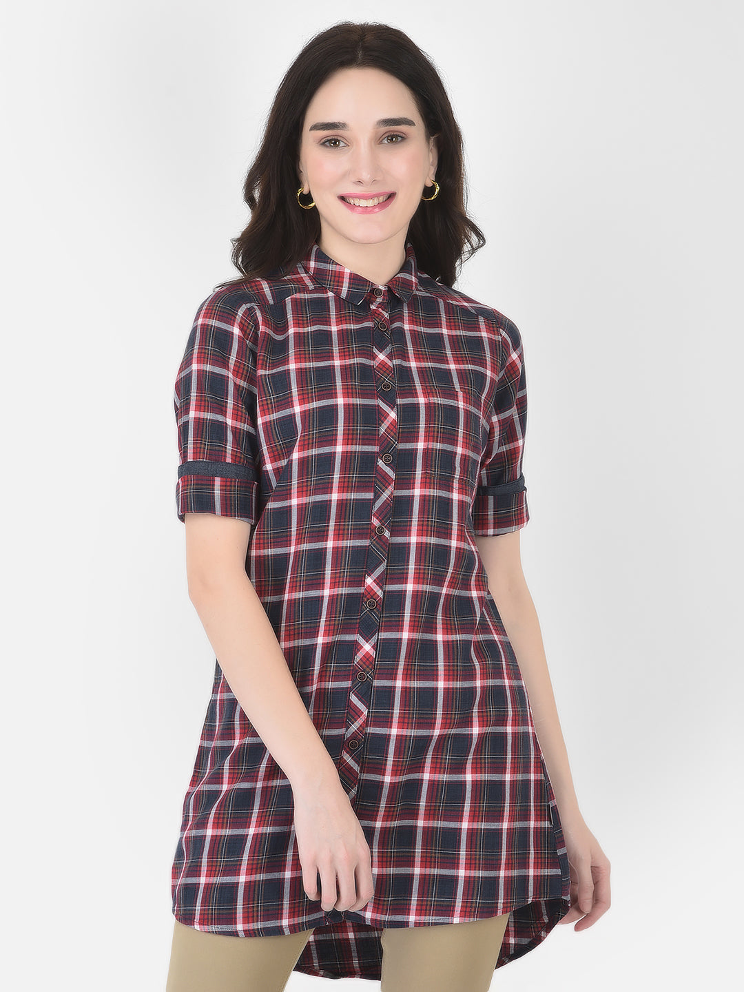 Long Navy Blue Checked Shirt - Women Shirts