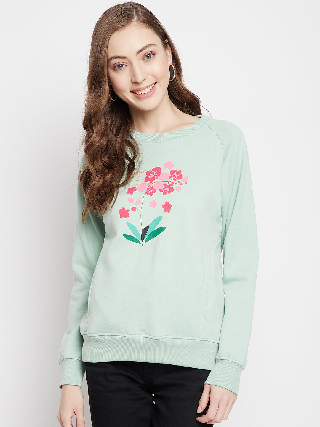 Mint Green Floral Round Neck Sweatshirt - Women Sweatshirts