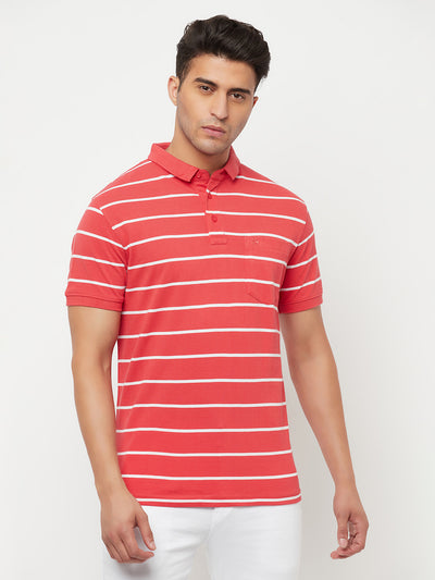 Coral Red Striped Polo T-Shirt - Men T-Shirts