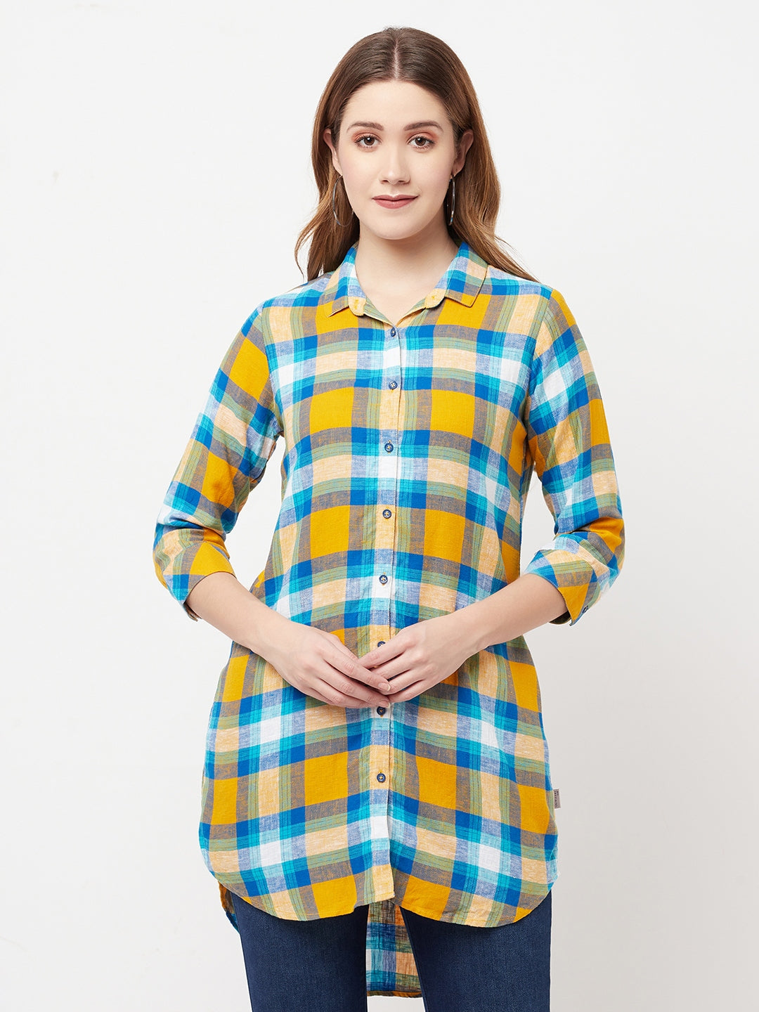 Mustard Checked Longline Shirt - Women Shirts