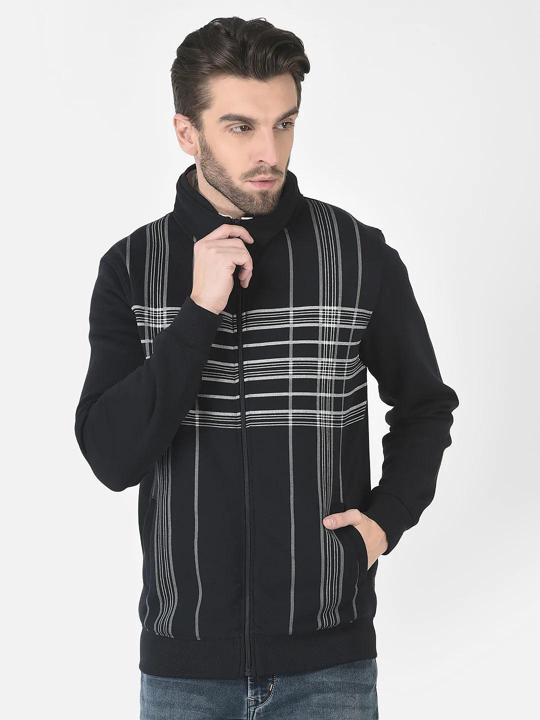  Navy Blue Striped Zipper Sweatshirt