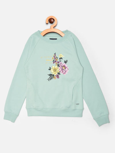 Mint Green Printed Round Neck Sweatshirt - Girls Sweatshirts