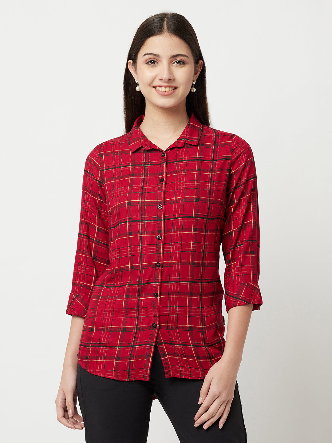 Red Tartan Checked Shirt-Women Shirts-Crimsoune Club