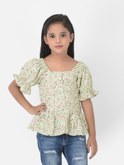Green Floral Printed Cinched Waist Top - Girls Tops