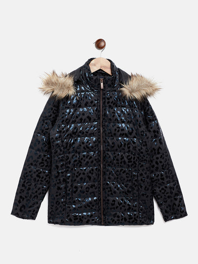 Black Printed Detachable Hood Jacket - Girls Jackets