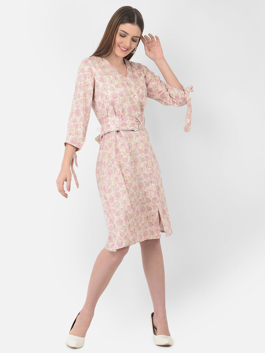 Pink Floral Printed V-Neck Dress With Belt - Women Dresses