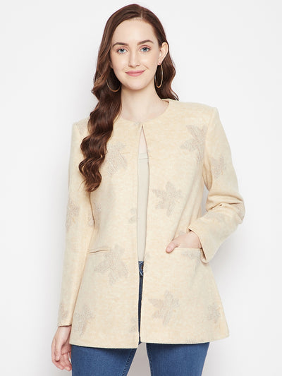Beige Floral Round Neck Blazer-Women Blazer-Crimsoune Club