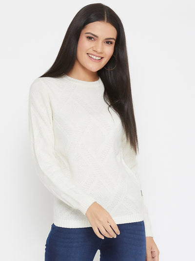 Off White Self Design Round Neck Sweater - Women Sweaters