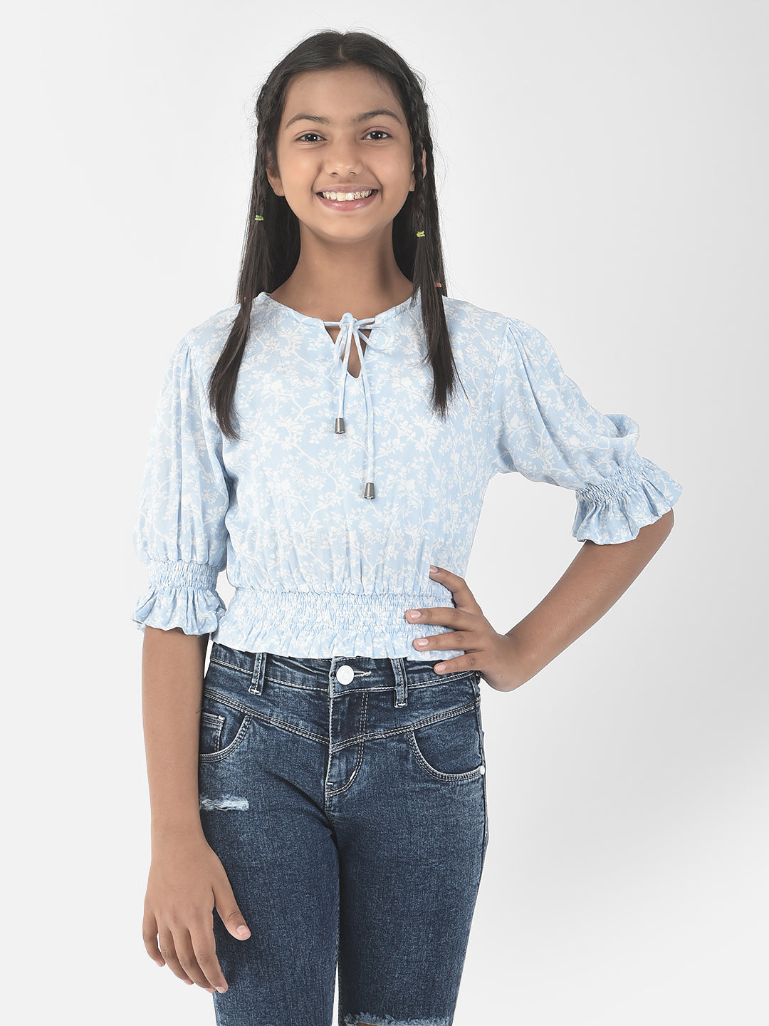  Cropped Sky Blue Floral Print Top