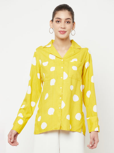 Yellow Polka Dot Printed Cuban Collar Shirt - Women Shirts