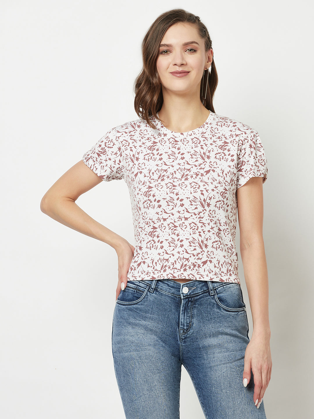 Cropped White Floral T-Shirt