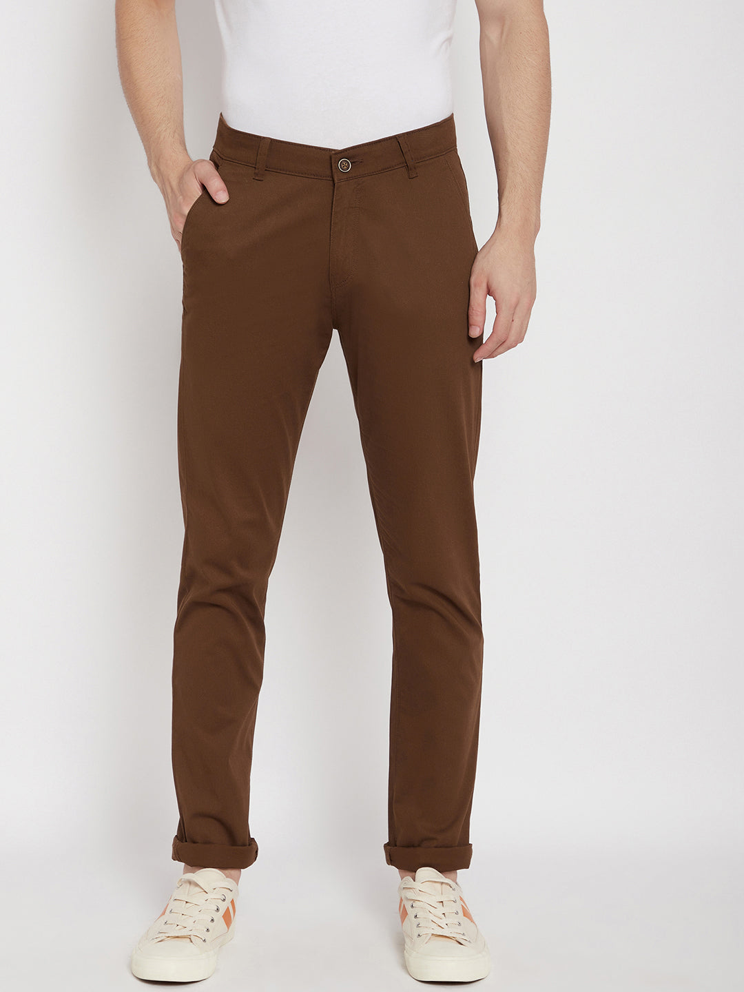 Brown Printed Slim Fit Trousers - Men Trousers