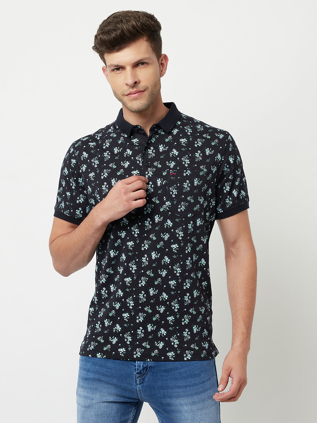 Navy Blue Floral Printed Polo T-Shirt-Men T-Shirts-Crimsoune Club