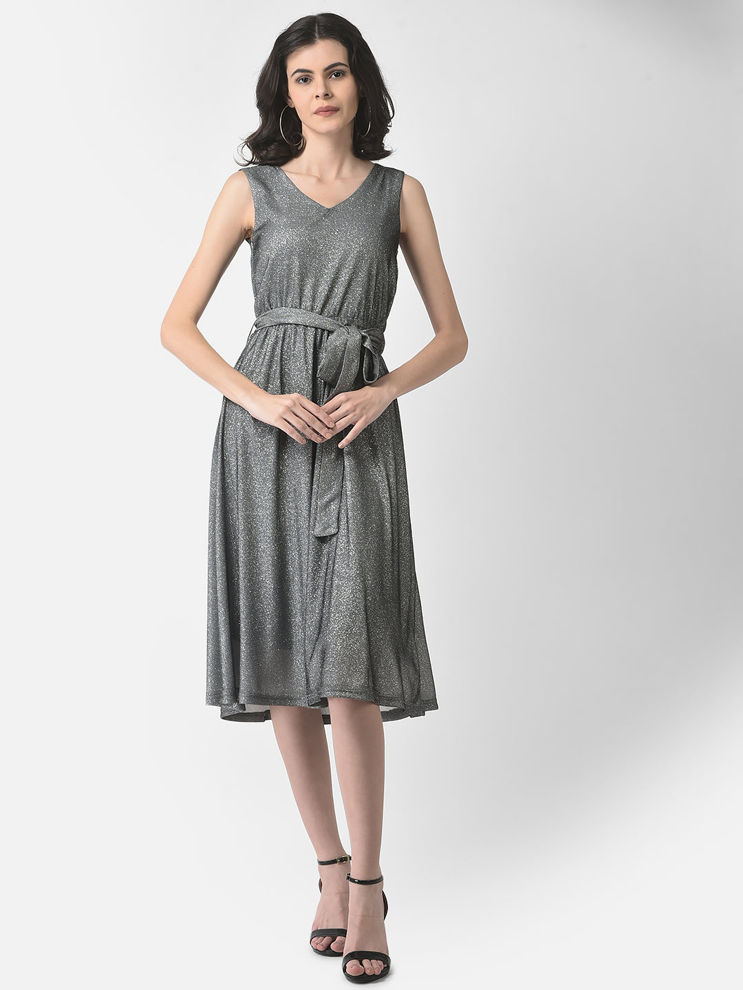 Grey Belted Shimmer Dress-Women Dresses-Crimsoune Club