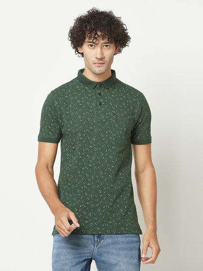  Bottle Green Floral Print Polo T-Shirt