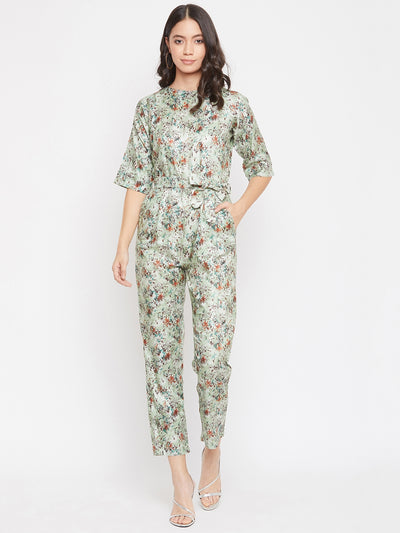 Green Printed Round Neck Jumpsuits - Women Jumpsuits