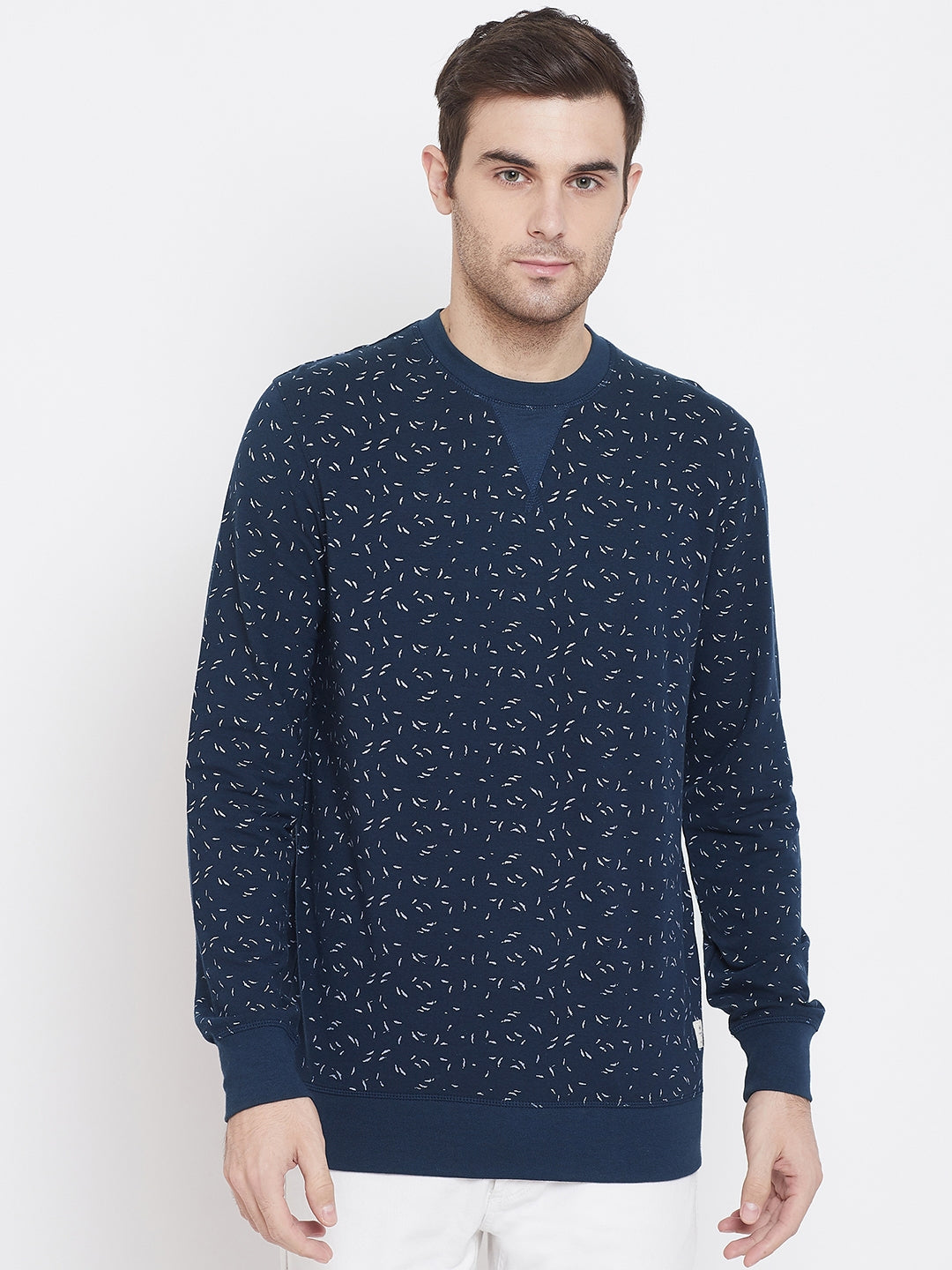 Navy Blue Printed Round Neck Sweatshirt - Men Sweatshirts