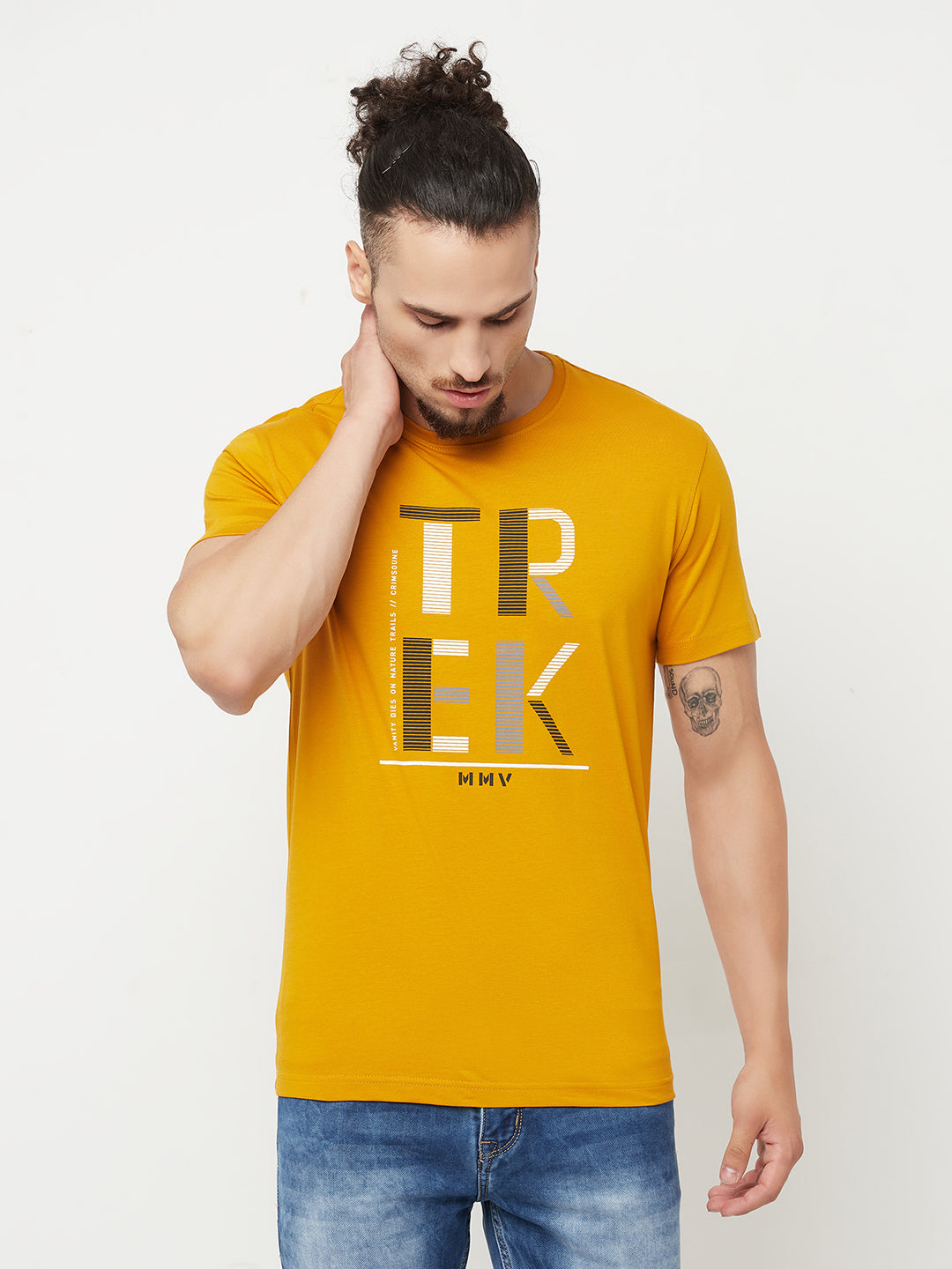 Mustard Printed Round Neck T-Shirt - Men T-Shirts