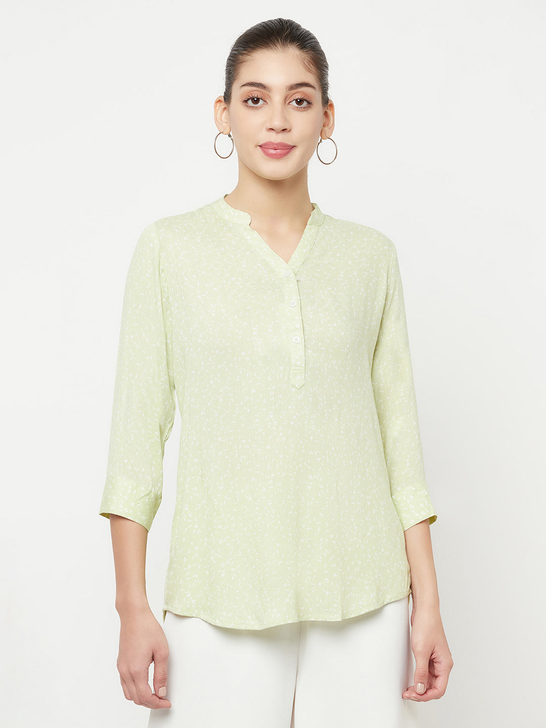 Green Printed V-Neck Top - Women Tops