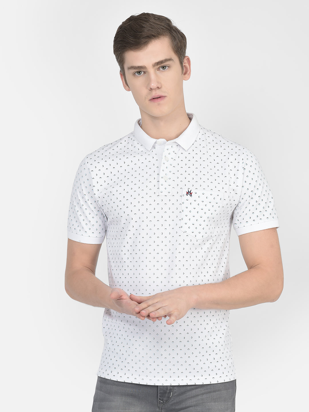  White Geometric Print Polo T-Shirt 