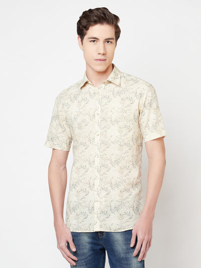 Beige Floral Linen Shirt - Men Shirts