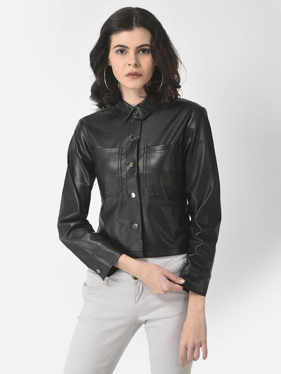  Cropped Black Faux Leather Jacket